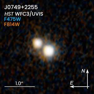 A Hubble image of the quasars which appear as two points of light. Wavelength and directional information superimposed on this image.