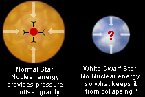 Normal Star: Nulcear energy provides pressure to offset gravity / White Dwarf Star: No Nuclear energy, so what keeps it from collapsing?