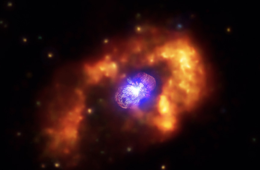 The Homunculus is clearly seen in a separate composite image of the Chandra data (orange) with optical light from the Hubble Space Telescope (blue, purple, and white).