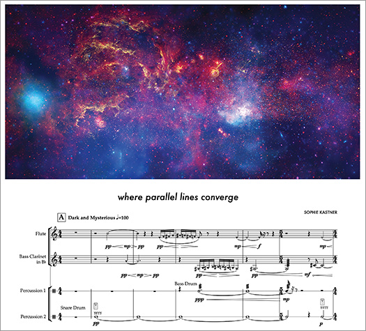 Sheet music beneath a composite image of our Milky Way's galactic center.