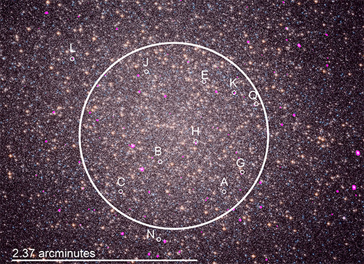 An image of the cluster with a circle illustrated in its middle. The location of 11 pulsars are labeled with small circles and letters. Two of the pulsars are outside the large circle. The remaining pulsars are inside the large circle.