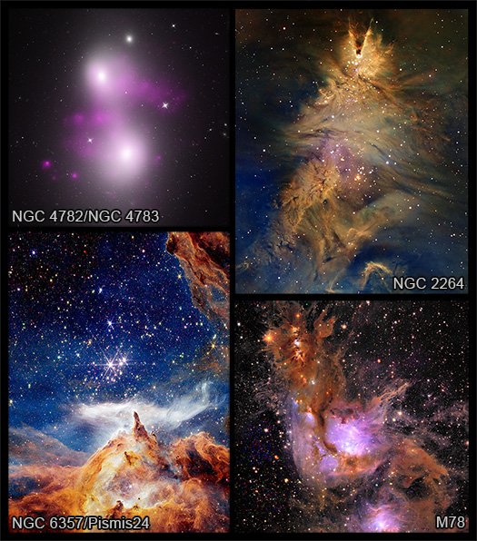 A labeled version of the main image showing four images. Labeld are, top left, NGC 4782 and NGC 4783, top right NGC 2264, bottom left, NGC 6357 and Pismis 24, bottom right, M78.