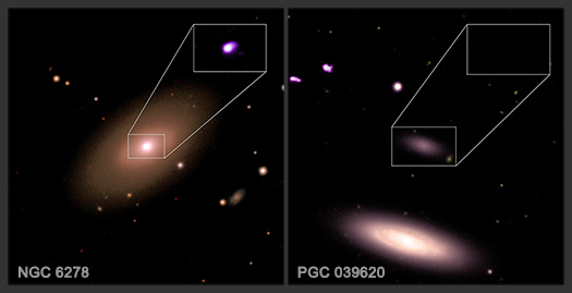 A labeled version of the main image highlighting the central regions of each galaxy with an inset zoom.