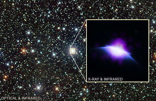 A composite image of a field of view that contains the star HD 61005. The star has an illustrated box around it with lines that pull out to another box which contains a composite image of the star in a close-up view, in X-ray and infrared light.